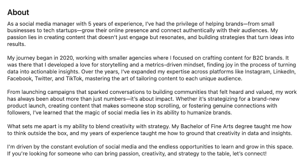 LinkedIn About section of Alexus Brittain describing five years building brand and community for SMM brands.