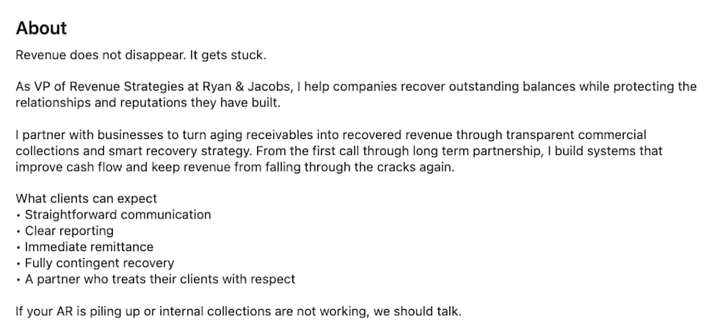 LinkedIn About section of Cheri Kyle opening with "Revenue does not disappear. It gets stuck."