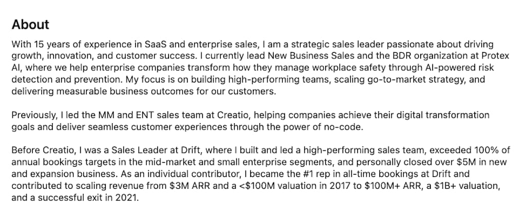 LinkedIn About section of Derek Kelliher showing $5M closed and number one rep at Drift sales history.