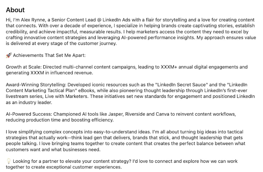 LinkedIn About section of Alexandra Rynne listing LinkedIn Secret Sauce ebook and first-ever livestream series.