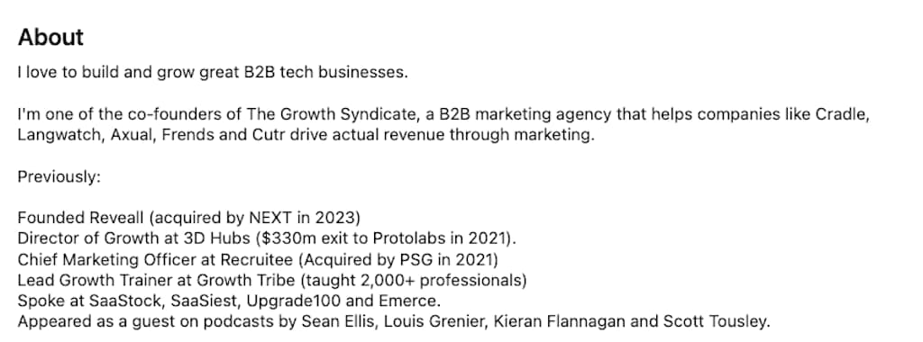 LinkedIn About section of Ferdinand Goetzen listing B2B tech exits including Reveall and 3D Hubs.