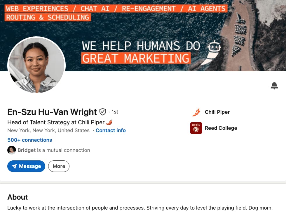 LinkedIn profile page of En-Szu Hu-Van Wright showing Head of Talent Strategy at Chili Piper with three-line summary.