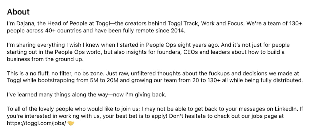 LinkedIn About section from Dajana, Head of People at Toggl, sharing People Ops insights from scaling a remote team.