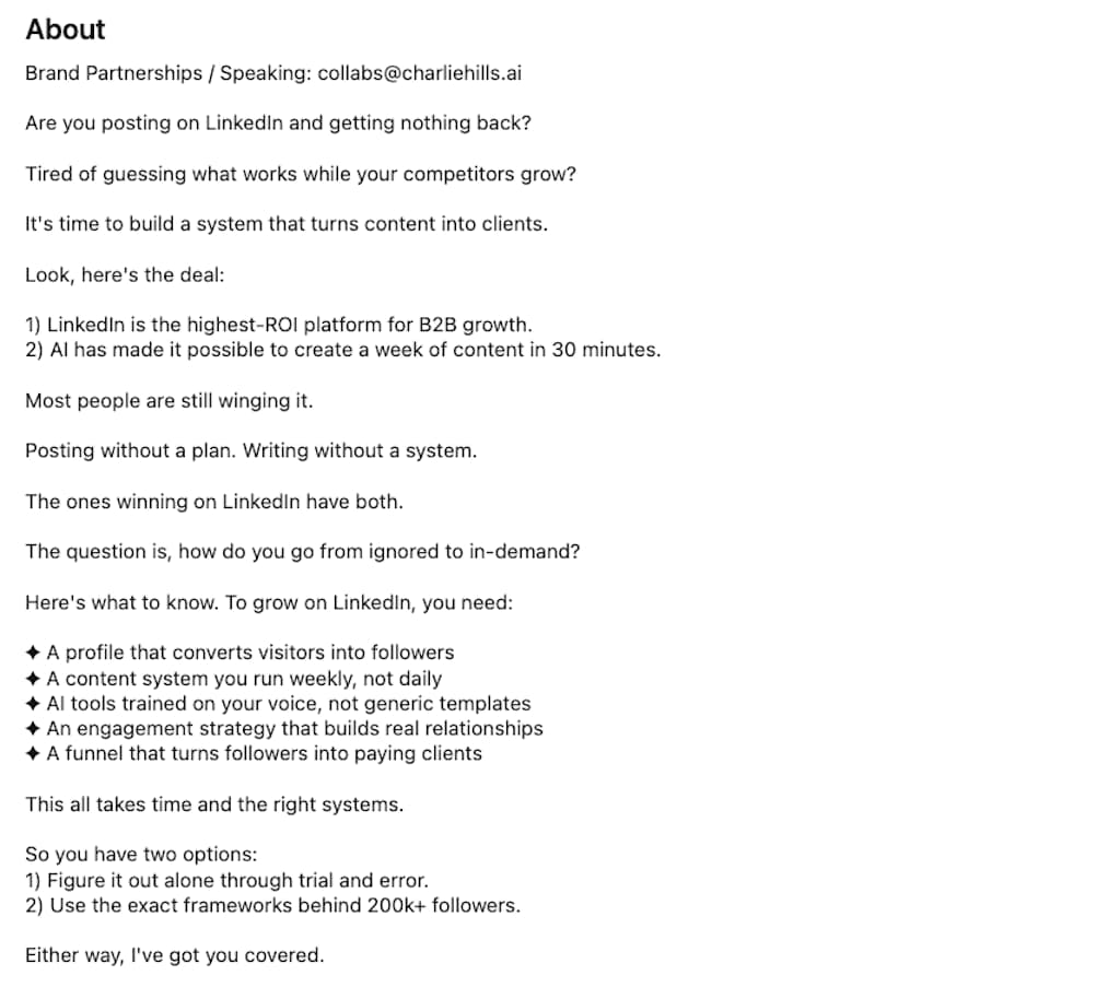 LinkedIn About section from Charlie Hills on building a LinkedIn content system that converts followers into B2B clients.