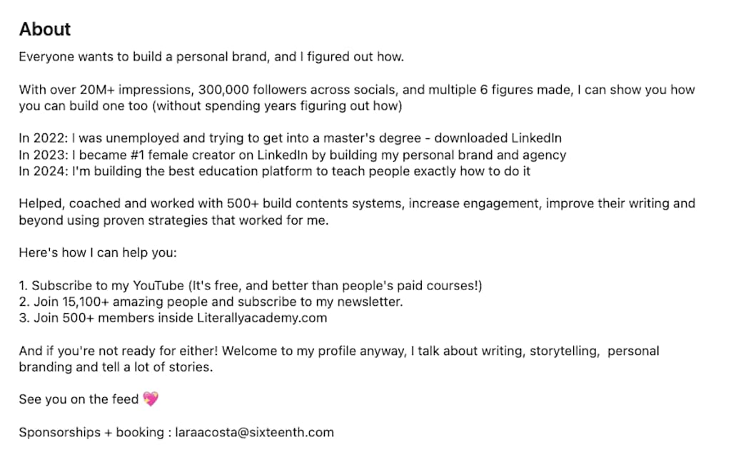 LinkedIn About section from Lara Acosta showing her 2022–2024 personal brand journey from unemployed to 300K followers.