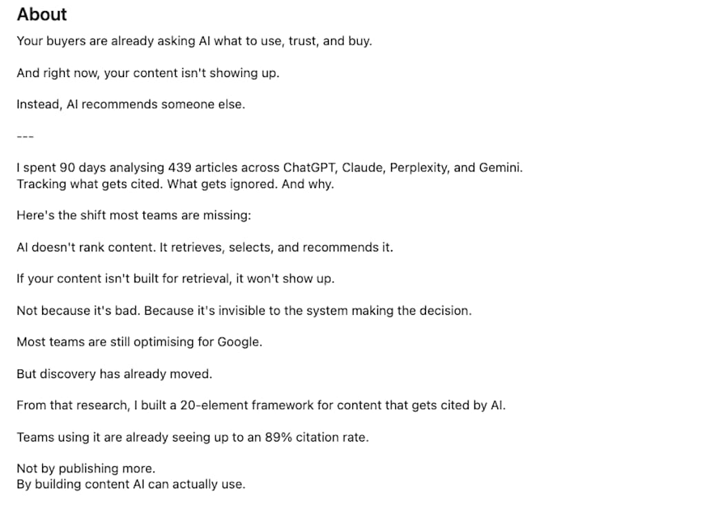 LinkedIn About section from an AI content researcher who analyzed 439 articles to build a framework for AI citation.