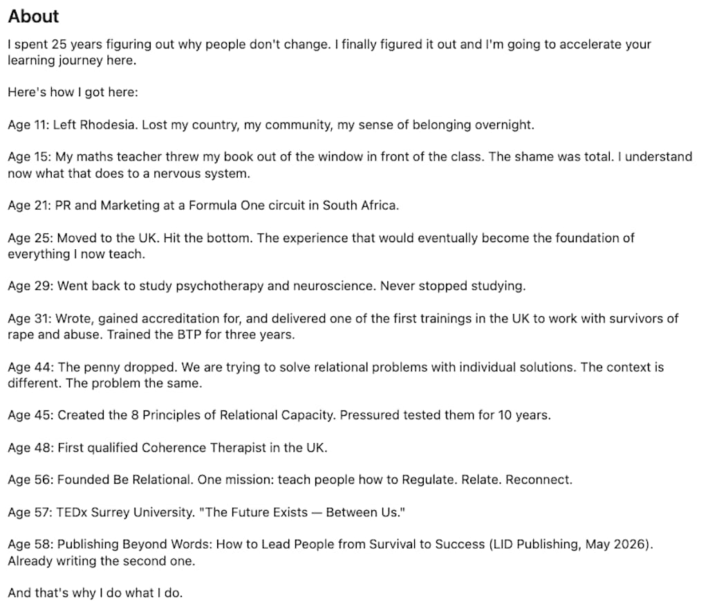LinkedIn About section using an age-by-age career timeline, for Kerry-Lyn Stanton-Downes.