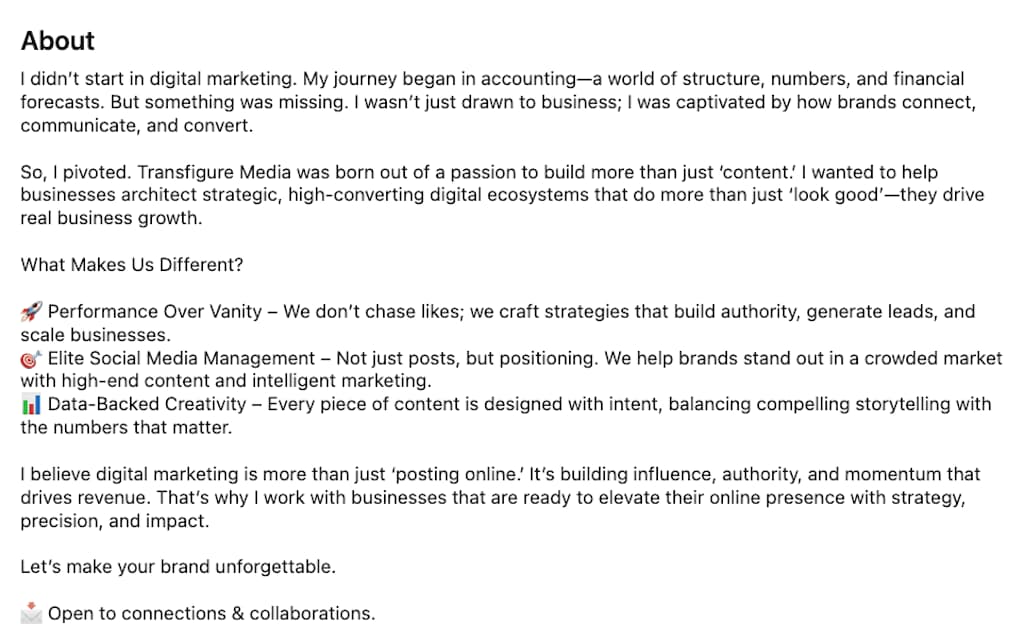 LinkedIn About section of Kiasha Naidoo describing accounting-to-marketing pivot and Transfigure Media.