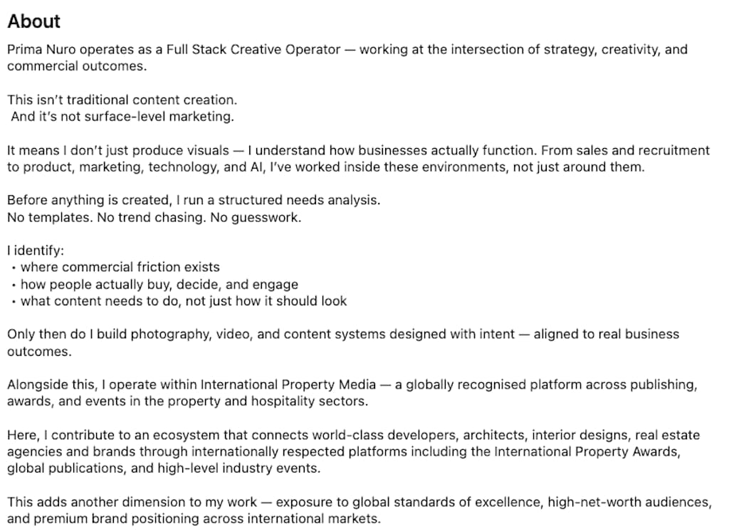 LinkedIn About section of Matthew Witchalls describing Prima Nuro's structured needs analysis approach.