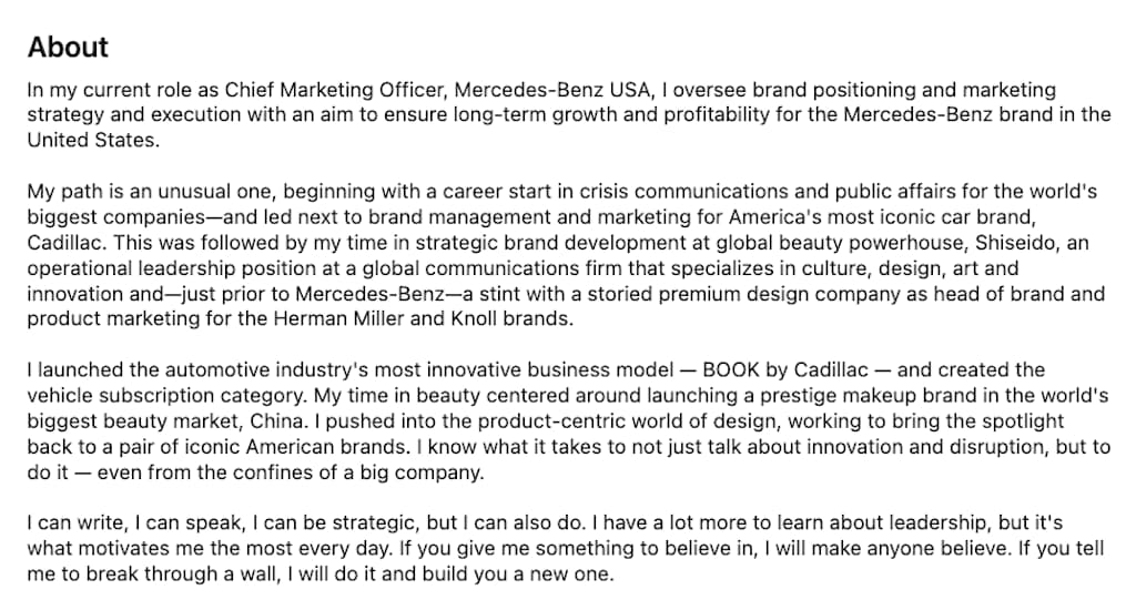 LinkedIn About section of Melody Lee detailing her career path from crisis comms to Mercedes-Benz CMO.