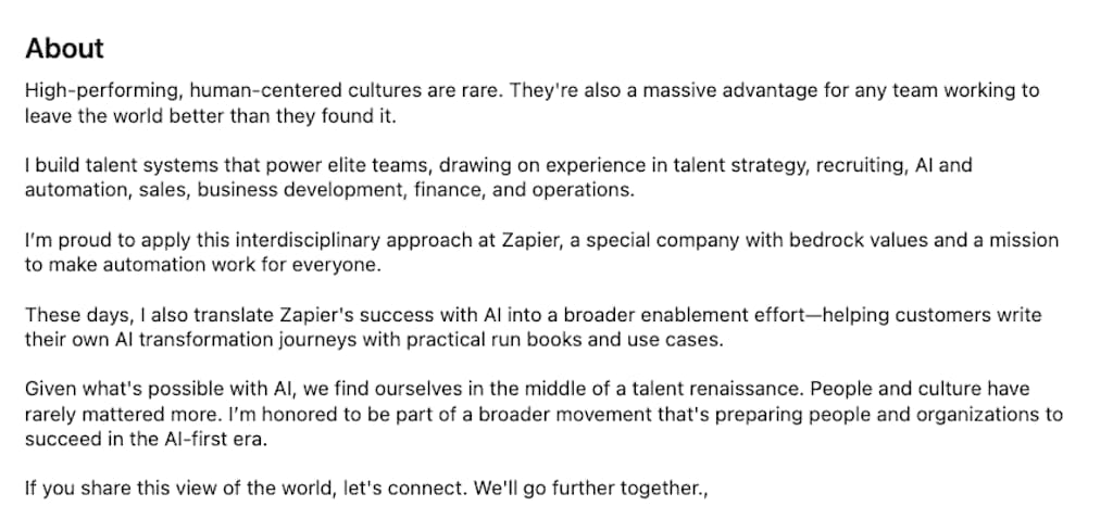 LinkedIn About section of Brandon Sammut describing AI-first talent strategy work at Zapier.