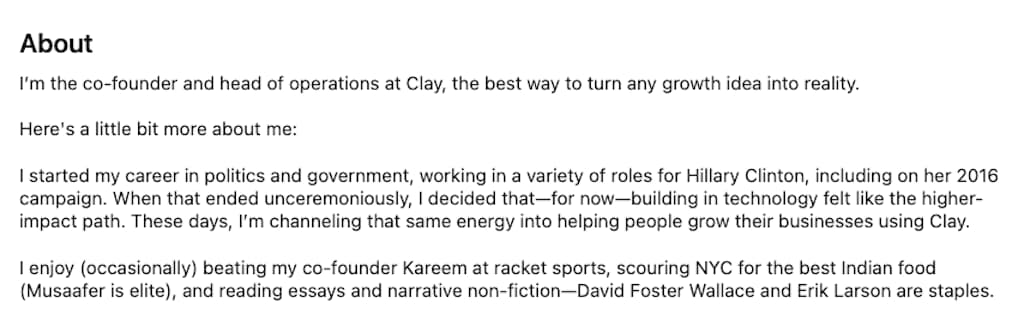 LinkedIn About section of Varun Anand showing Clay co-founder background in politics and personal details.