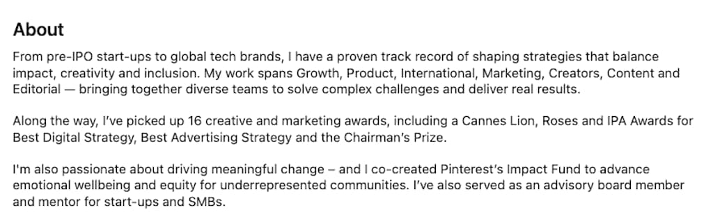LinkedIn About section of Zoe Pearson listing 16 awards including Cannes Lion and Pinterest Impact Fund.