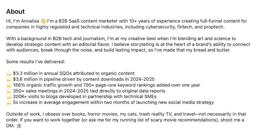 LinkedIn About section of Annalisa Rodriguez showing revenue metrics including $3.3M in annual SQOs