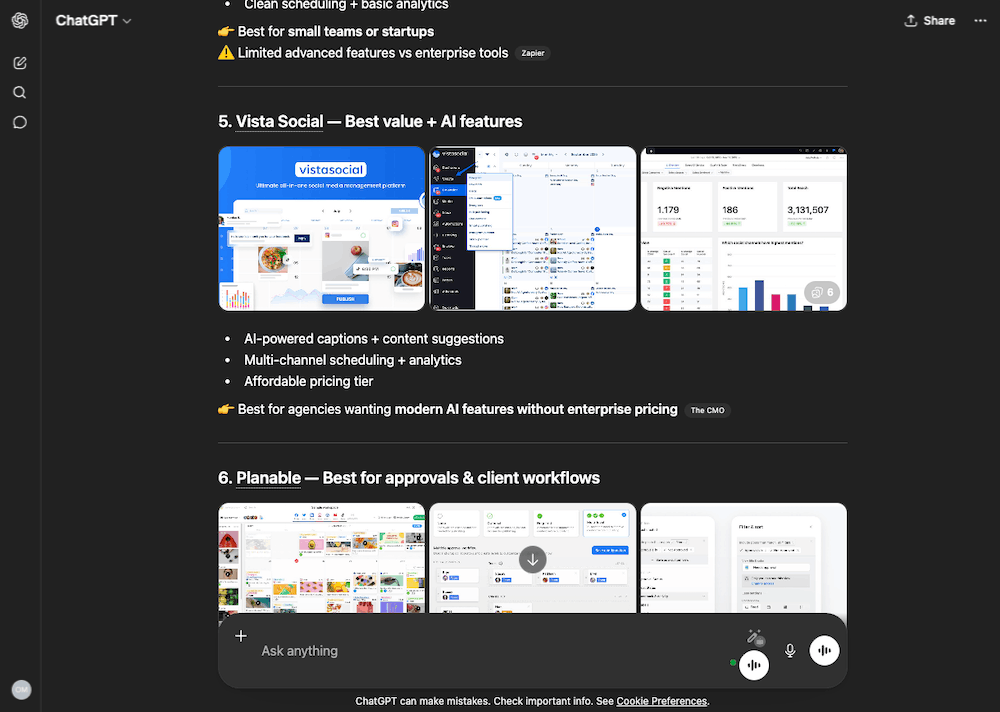 A screenshot of ChatGPT's results for "best social media management software."