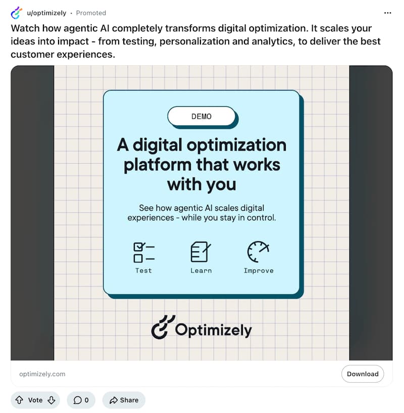 A screenshot of a Reddit ad from Optimizely.