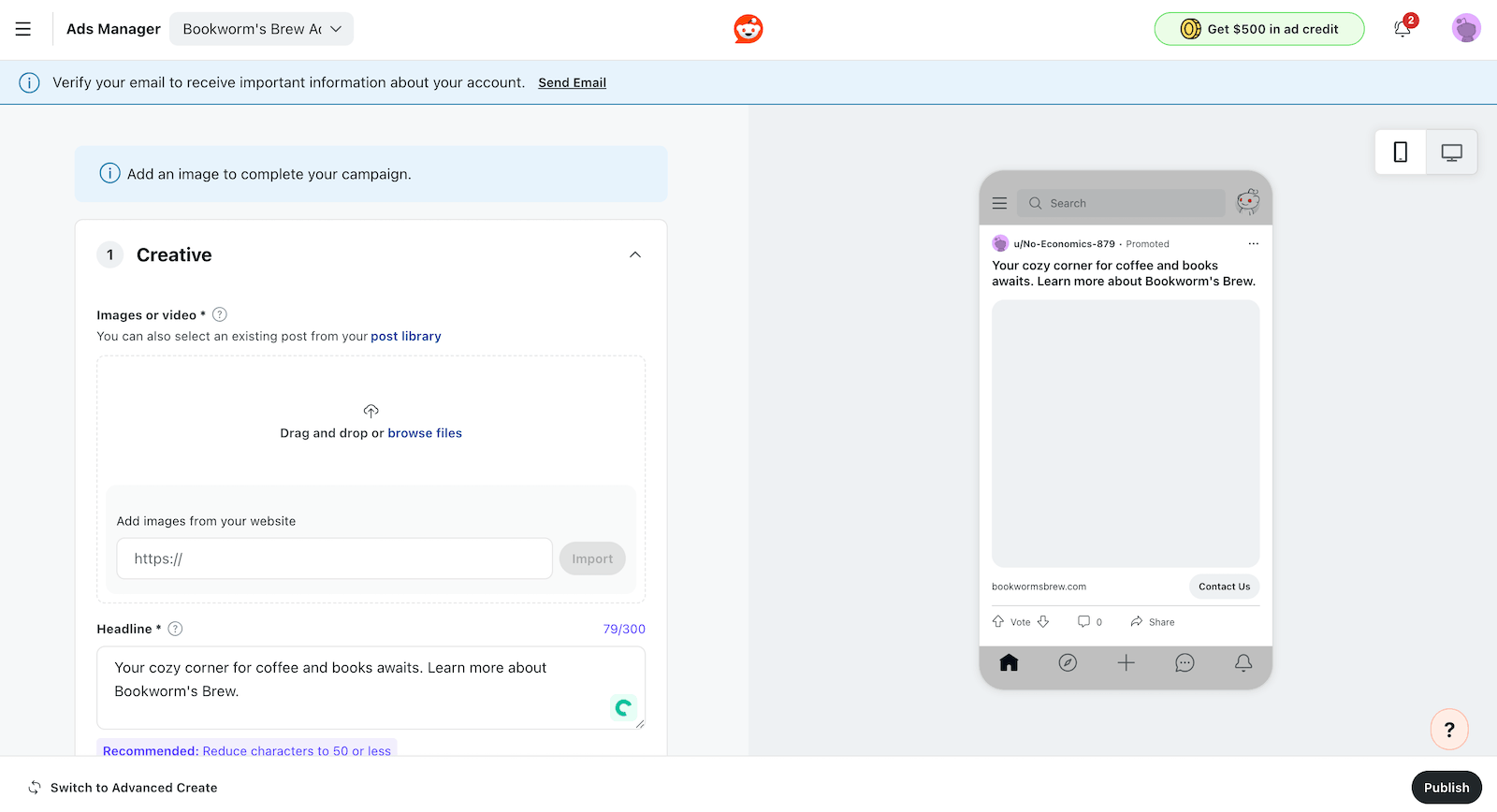 A screenshot showing where to upload your Reddit ad creative.