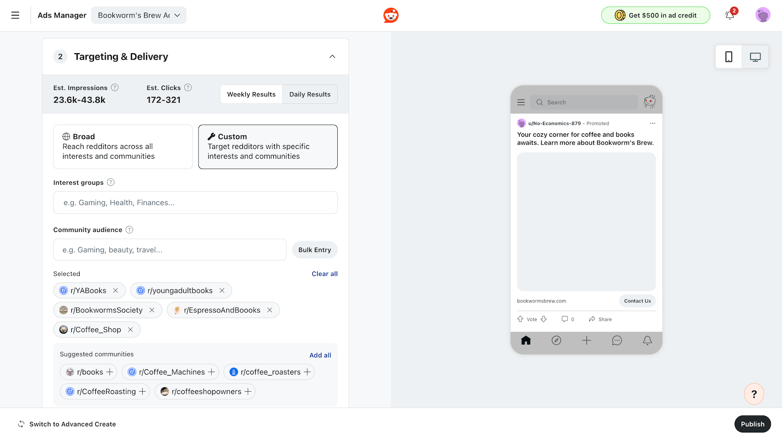 A screenshot showing where to input your Reddit ad targeting and budget details.