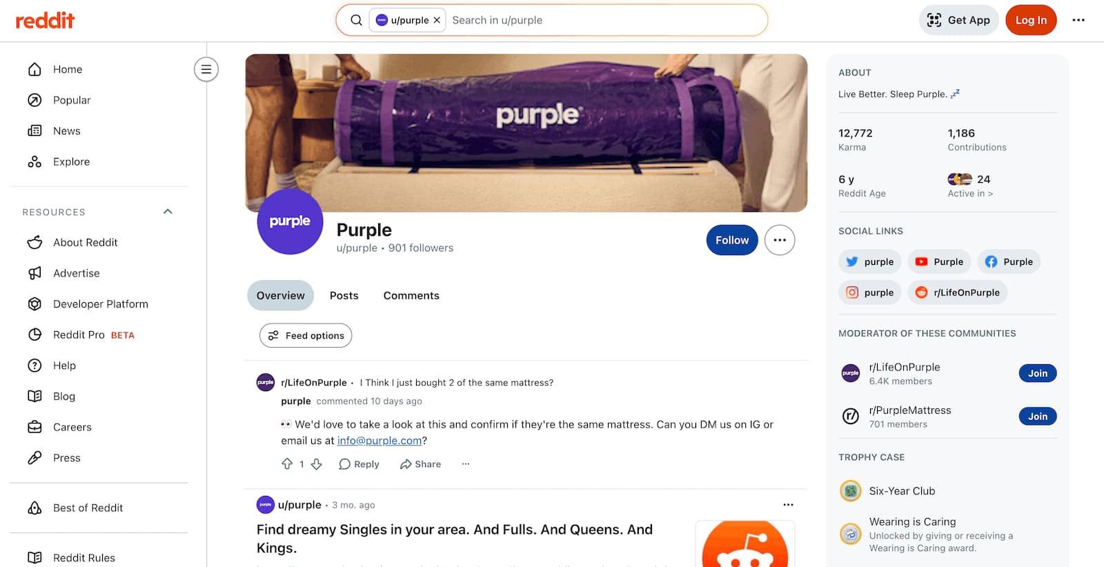 A screenshot of an optimized brand Reddit profile from mattress brand Purple.