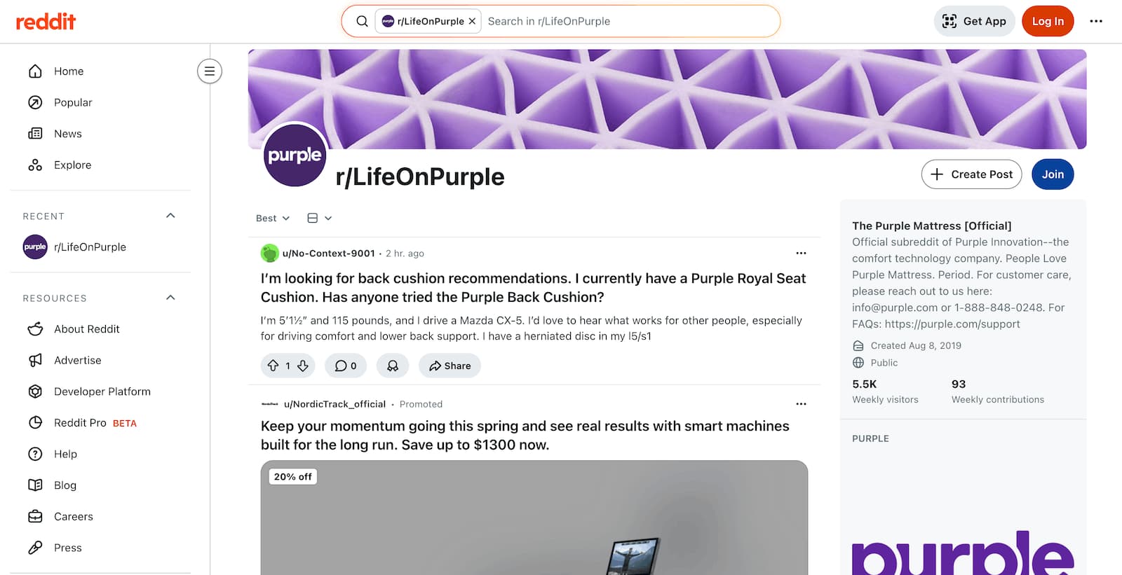 A screenshot of a branded subreddit r/LifeOnPurple.