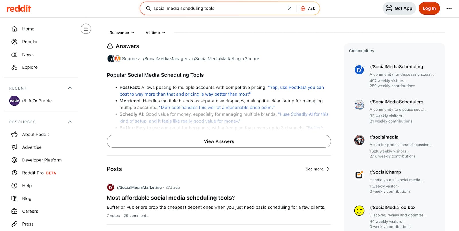 A screenshot of Reddit search results for query "social media scheduling tools."