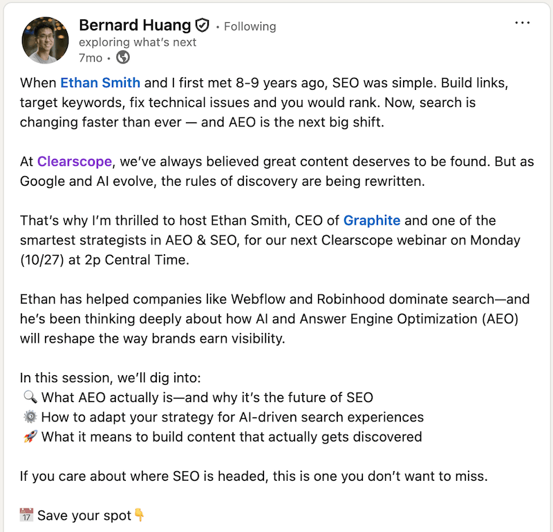 A LinkedIn post from Clearscope founder Bernard Huang.
