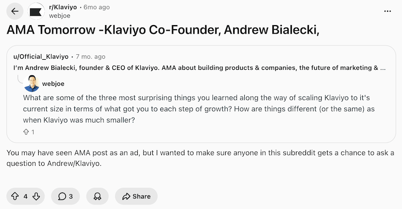 A Reddit post from email marketing software Klaviyo.