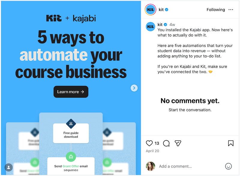 An educational Instagram post from email marketing software Kit.