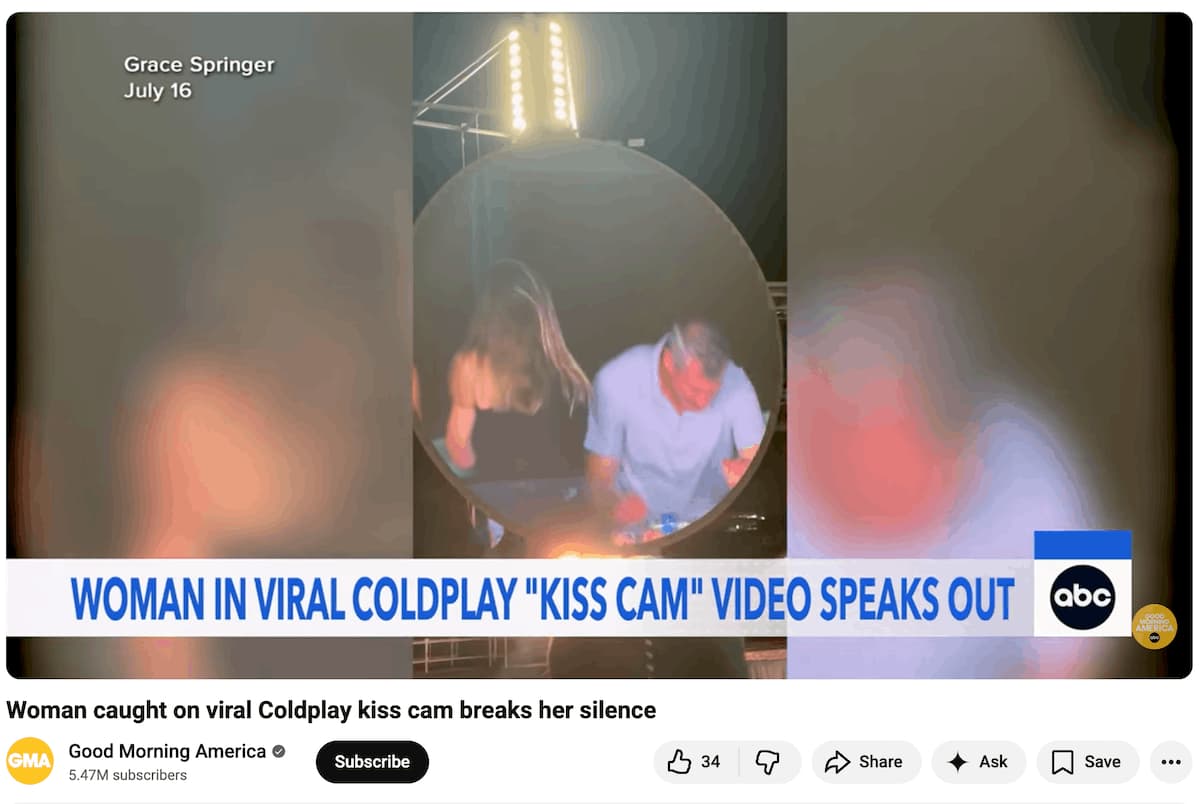 A screenshot of a YouTube video covering the Coldplay kiss cam incident.