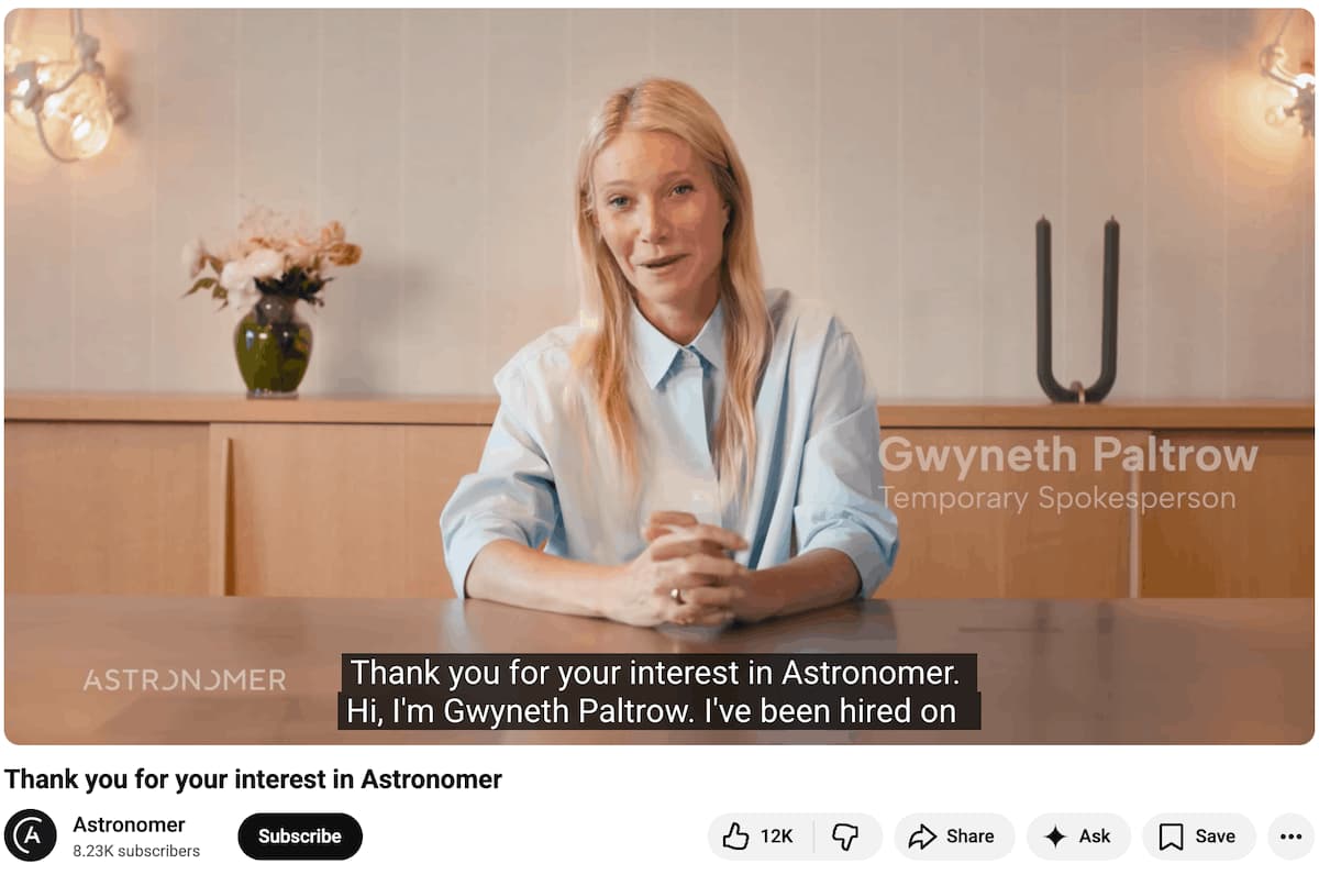 A screenshot of Astronomer's video response to their social media crisis featuring Gwyneth Paltrow.