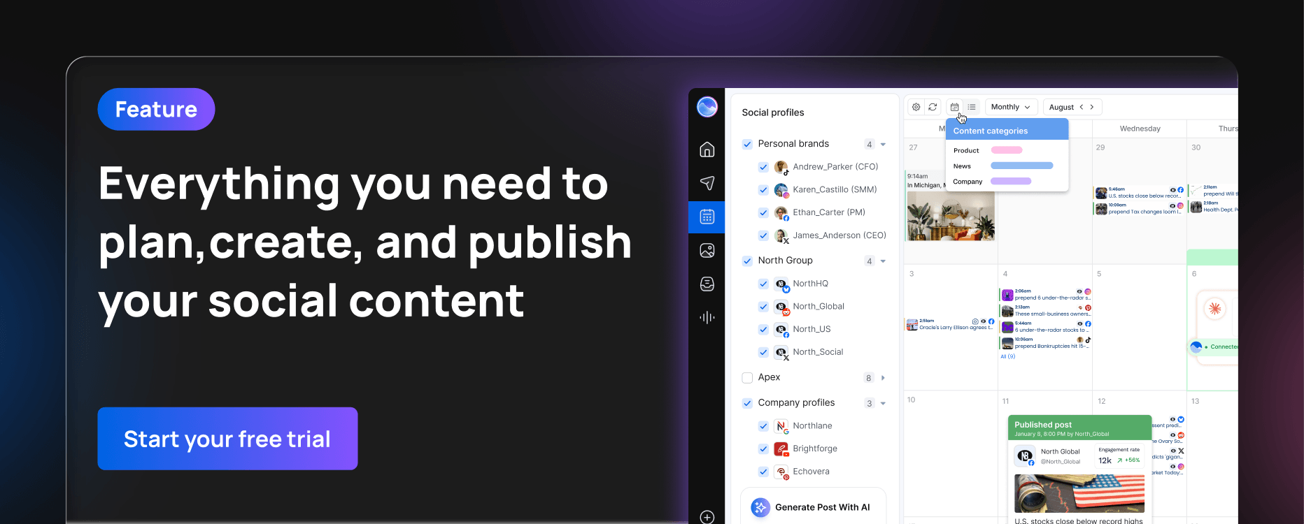 Everything you need to plan, create, and publish your social content at Vista Social.