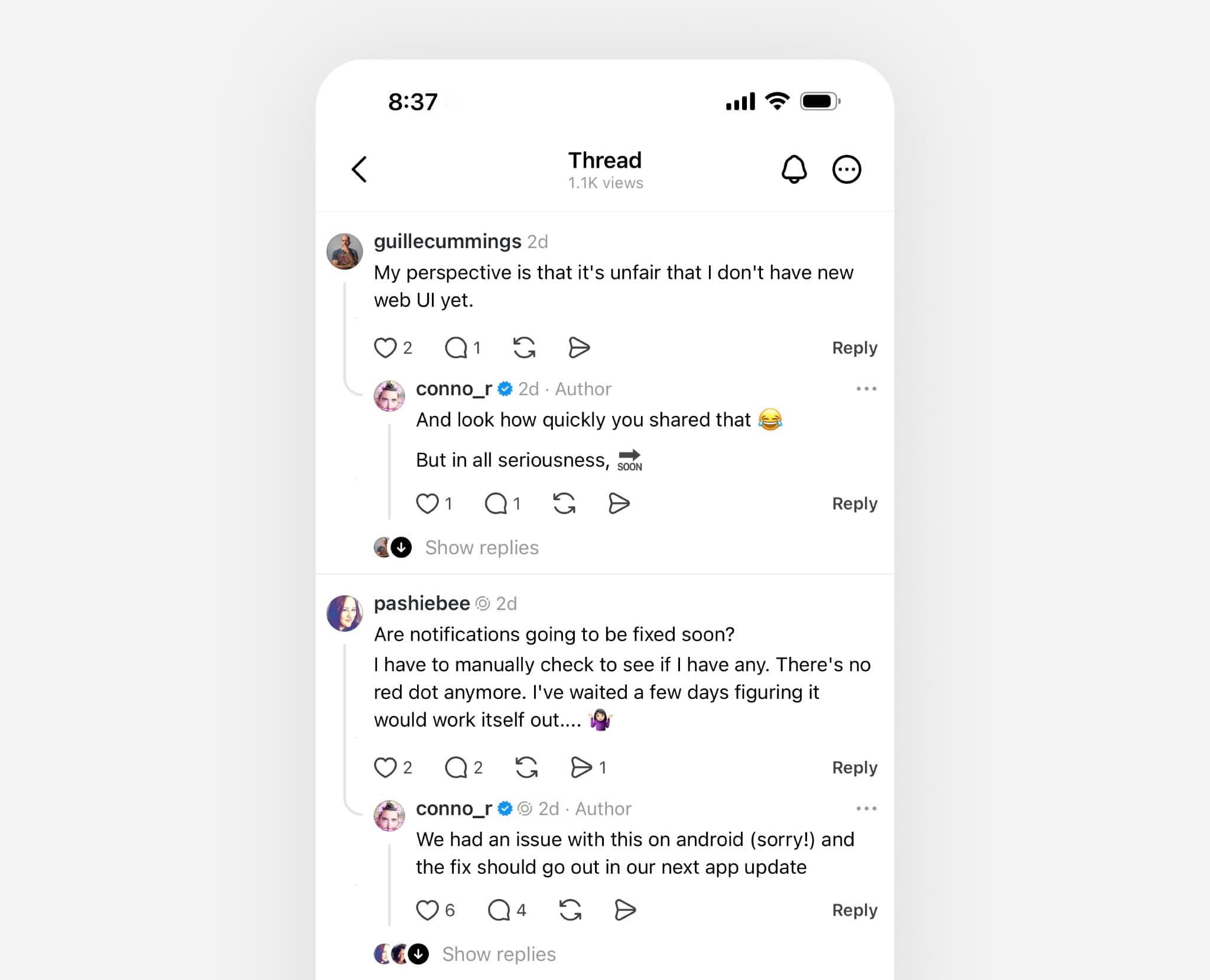 A screenshot of Threads' new indented replies UI.