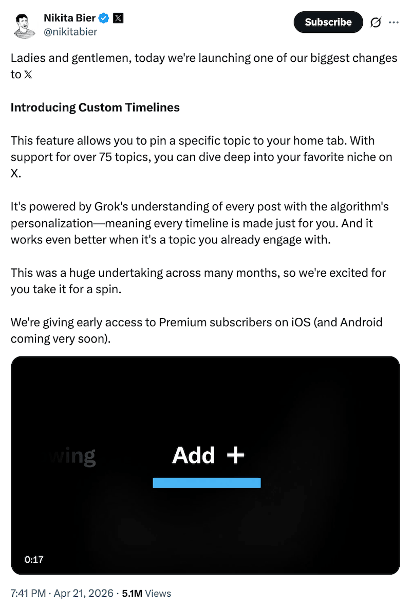 A tweet announcing the new X/Twitter Custom Timelines feature.