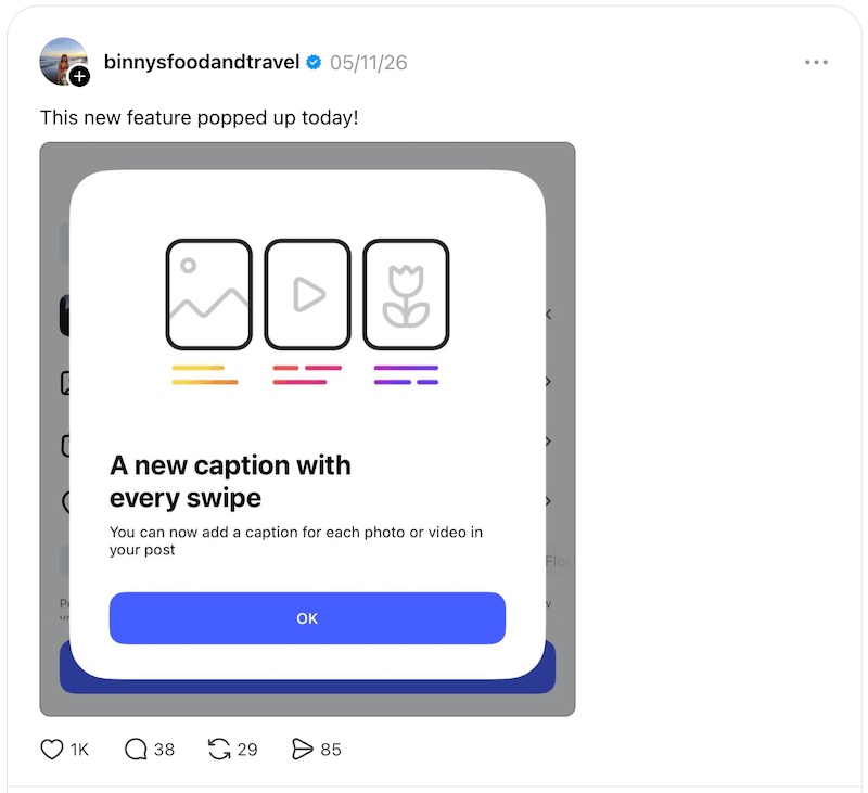 A screenshot of a Threads post where a user shared a feature update from Instagram.