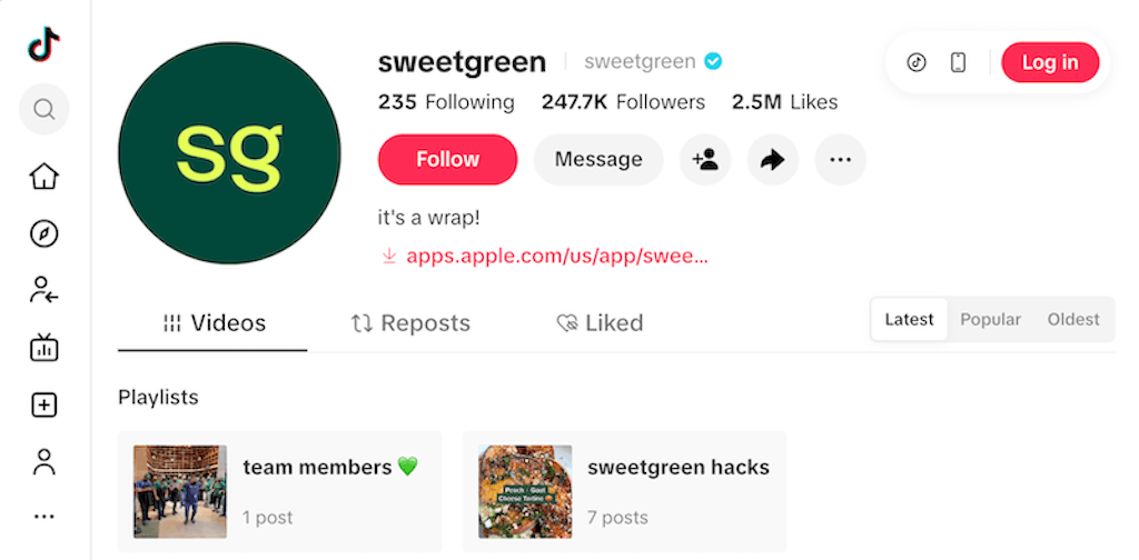 Sweetgreen TikTok profile showing 247k followers and a bio linking to their shop and mobile app.