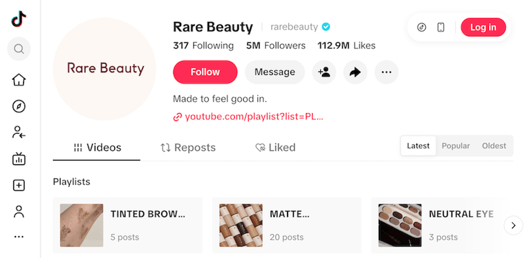 Rare Beauty TikTok profile showing 5M followers and their brand message Made to feel good in.