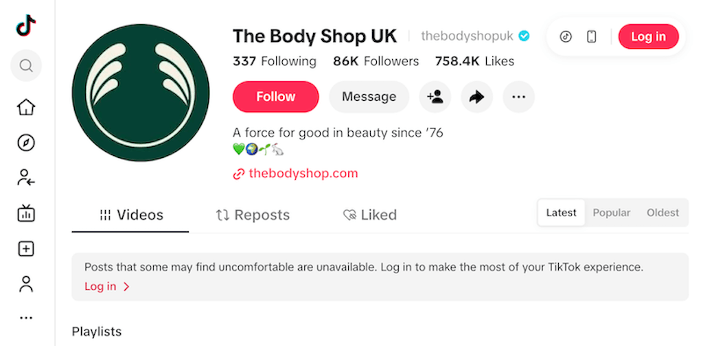 The Body Shop UK TikTok profile describing the brand as a force for good in beauty since 1976.