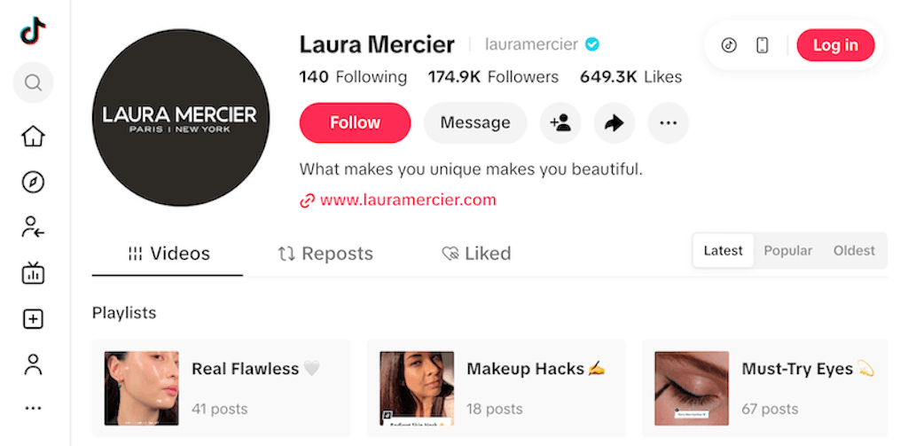 Laura Mercier TikTok profile featuring the message What makes you unique makes you beautiful.