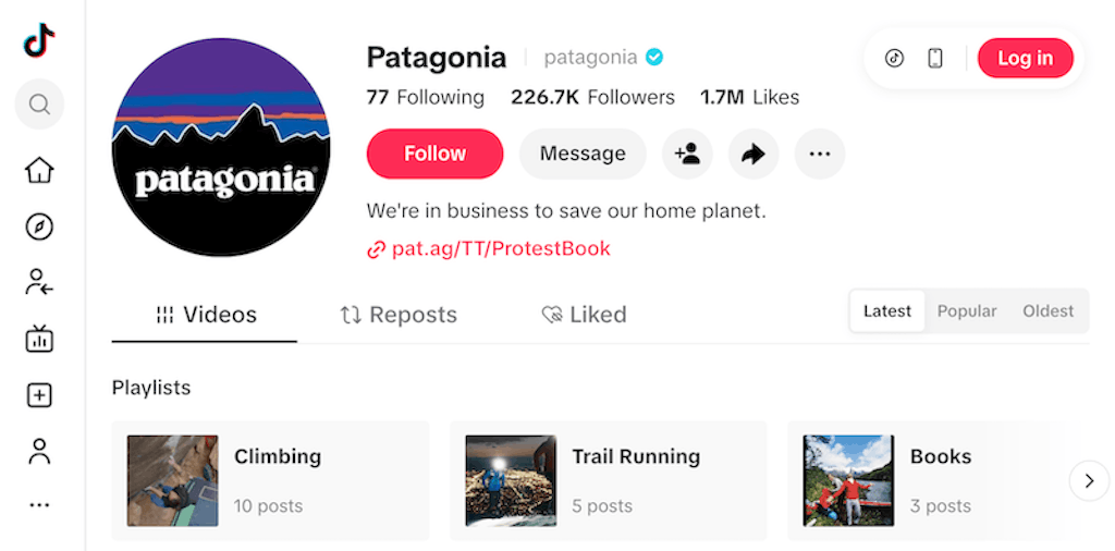 Patagonia's TikTok profile showing 226.3K followers, 1.7M likes, and Climbing and Trail Running playlists.