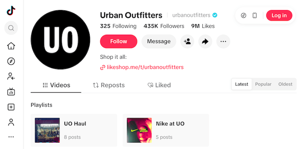 Urban Outfitters TikTok profile showing 434k followers and a link to shop their featured collections.