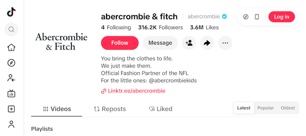 Abercrombie and Fitch TikTok profile noting they are the official fashion partner of the NFL.