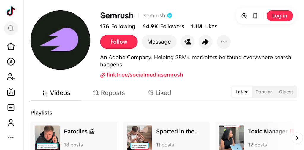 Semrush TikTok profile highlighting their status as an Adobe company helping 28M marketers.