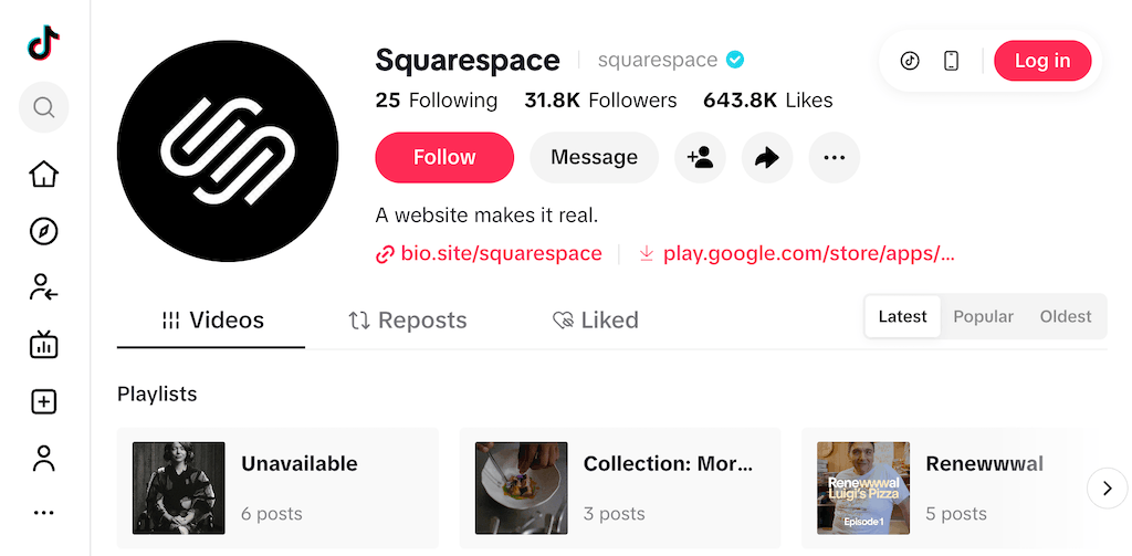 Squarespace TikTok profile with the tagline A website makes it real and links to their website.