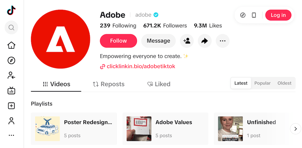 Adobe TikTok profile showing 667k followers and a bio focused on empowering everyone to create.