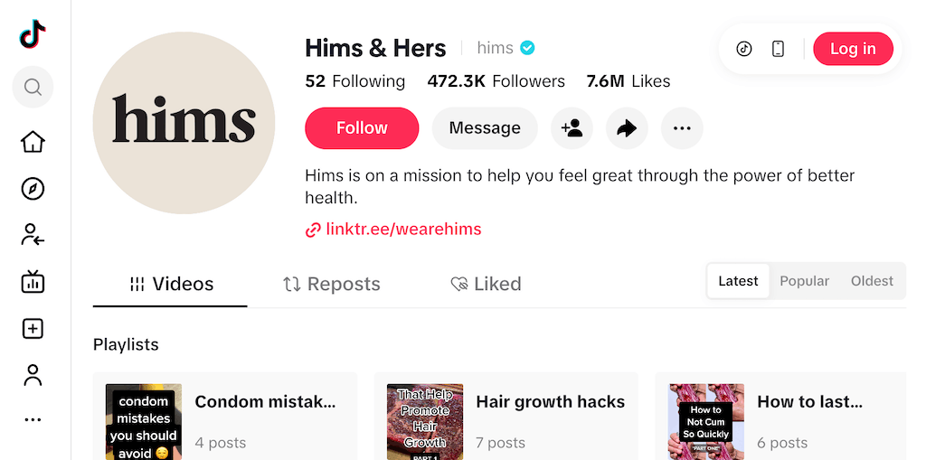 Hims TikTok profile page explaining their mission to help people feel great through better health.