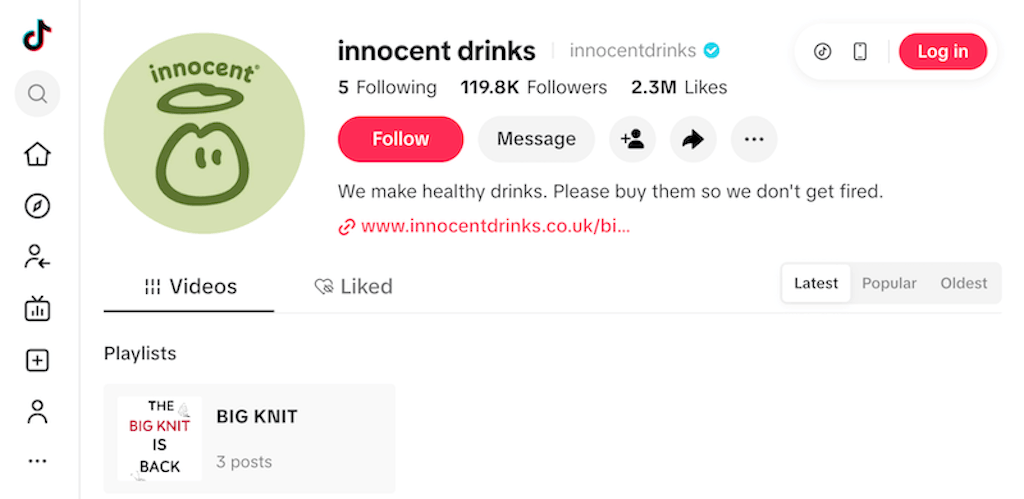Innocent Drinks TikTok profile with a bio about making healthy drinks so they do not get fired.