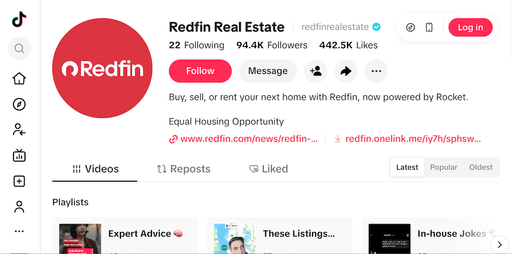 Redfin Real Estate TikTok profile detailing services for buying, selling, or renting homes.
