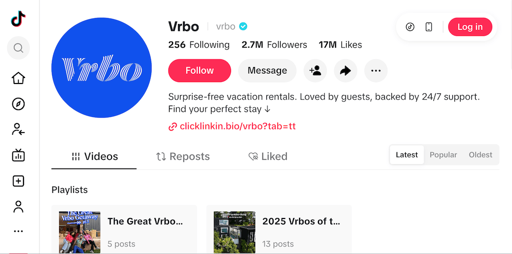 Vrbo TikTok profile emphasizing surprise free vacation rentals and 24/7 guest support.