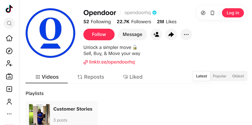 Opendoor TikTok profile with a bio focused on unlocking a simpler move for buying and selling homes.