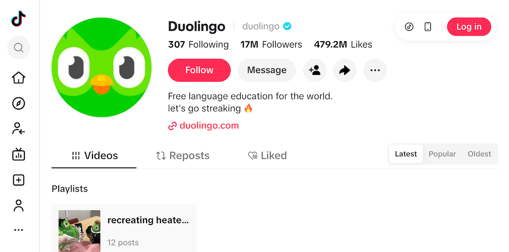 Duolingo TikTok profile page featuring 17M followers and a bio about free language education.